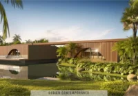 Área de lazer com design contemporâneo integrada à natureza e lago — Condomínio Raro