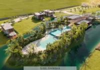 Vista aérea da área de lazer com piscina no Condomínio Raro