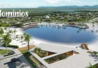 Vista aérea do condomínio com lago e praia artificial — DUO Nautic Life Club